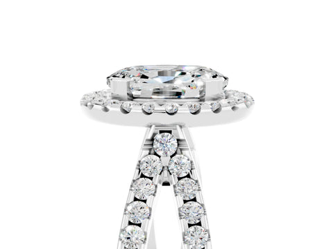 White gold Oval Cut Moissanite Halo Ring with Split Shank Pavé Band and Prong Setting_5