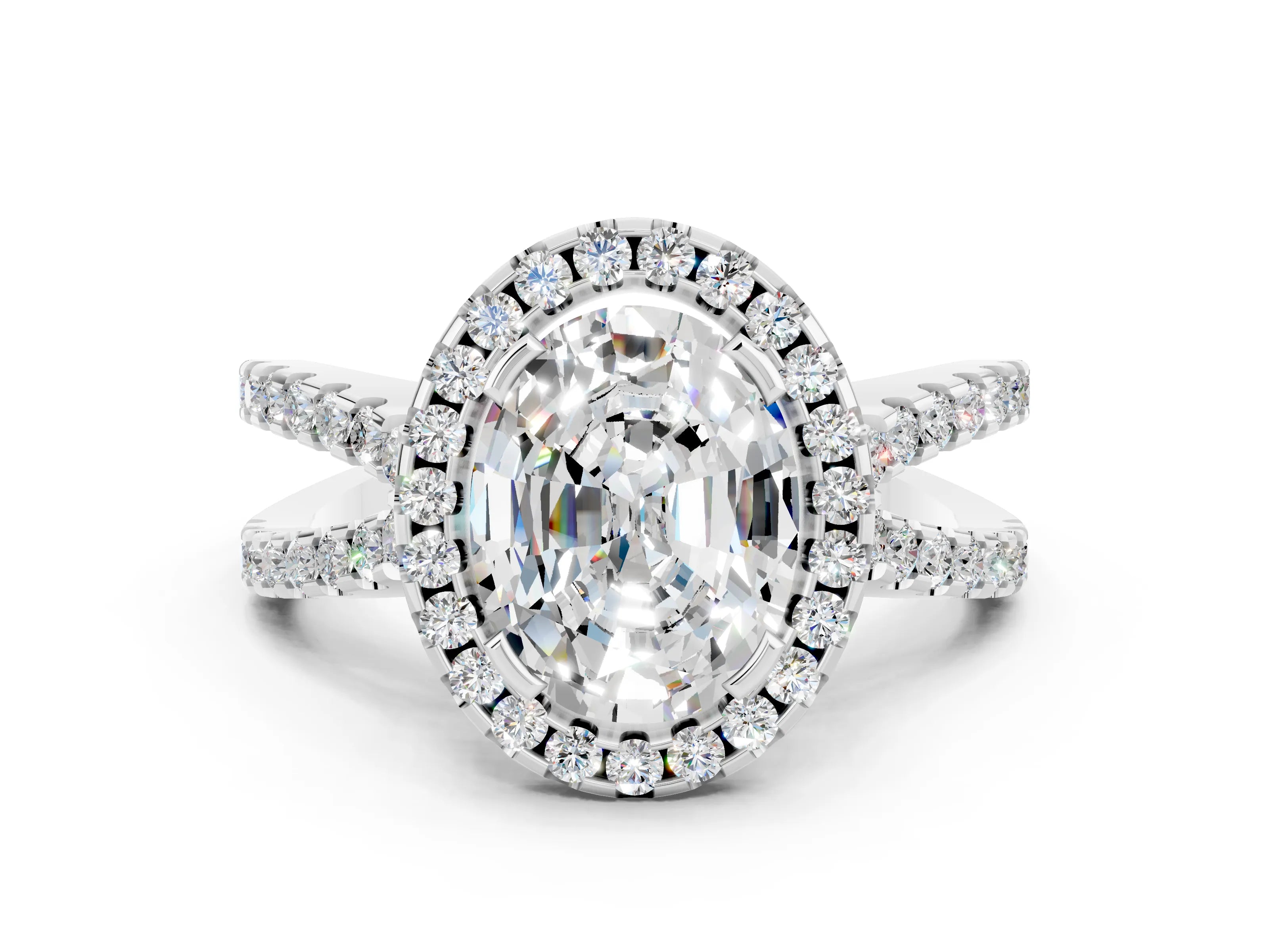 White gold Oval Cut Moissanite Halo Ring with Split Shank Pavé Band and Prong Setting