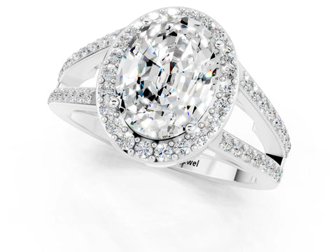 White gold Oval Cut Moissanite Halo Ring with Split Shank U-Prong Band and Four-Prong Setting_1