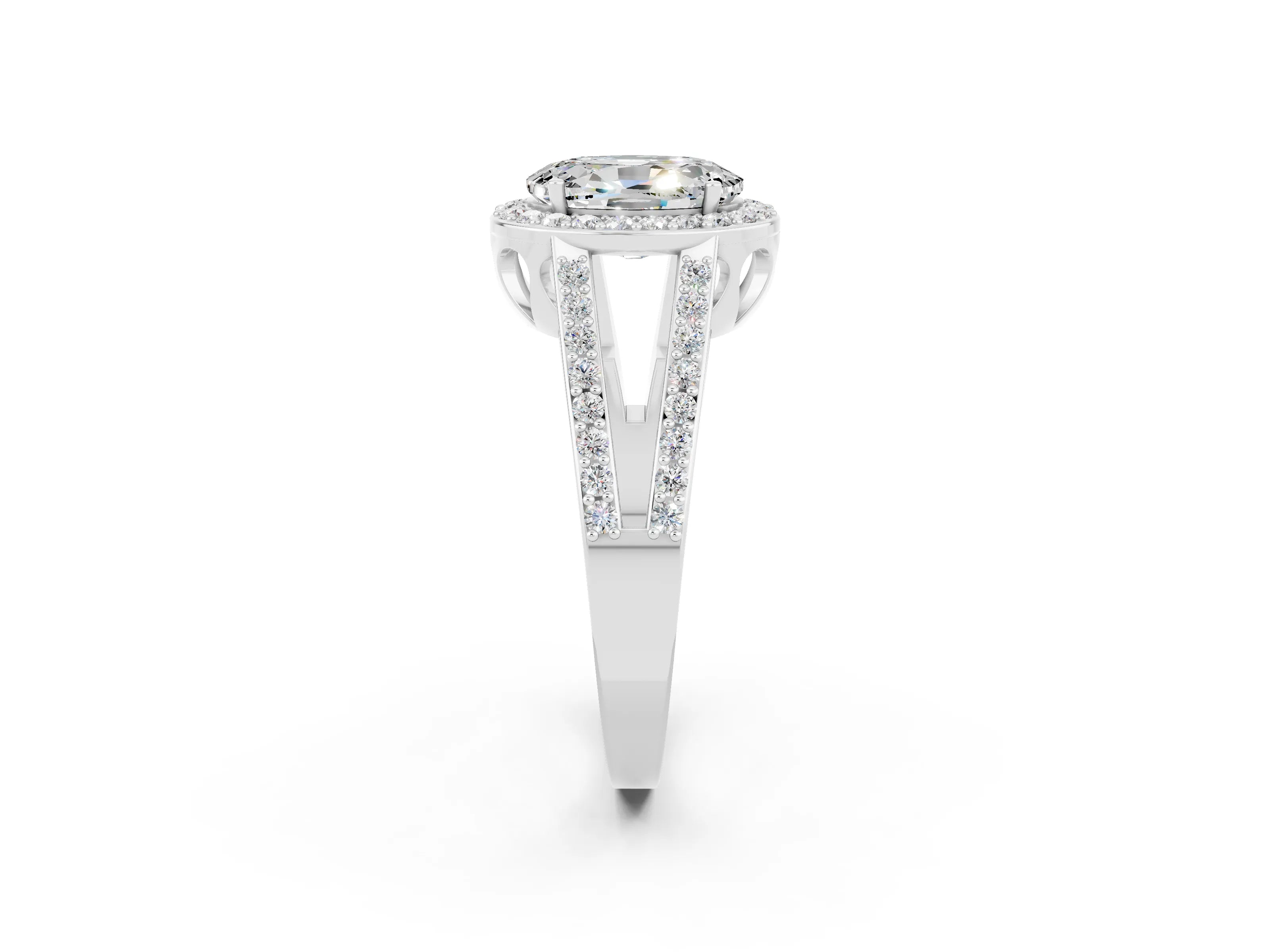 White gold Oval Cut Moissanite Halo Ring with Split Shank U-Prong Band and Four-Prong Setting_2