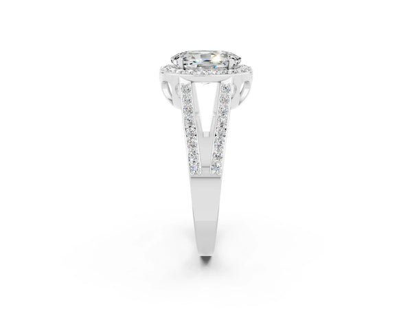 White gold Oval Cut Moissanite Halo Ring with Split Shank U-Prong Band and Four-Prong Setting