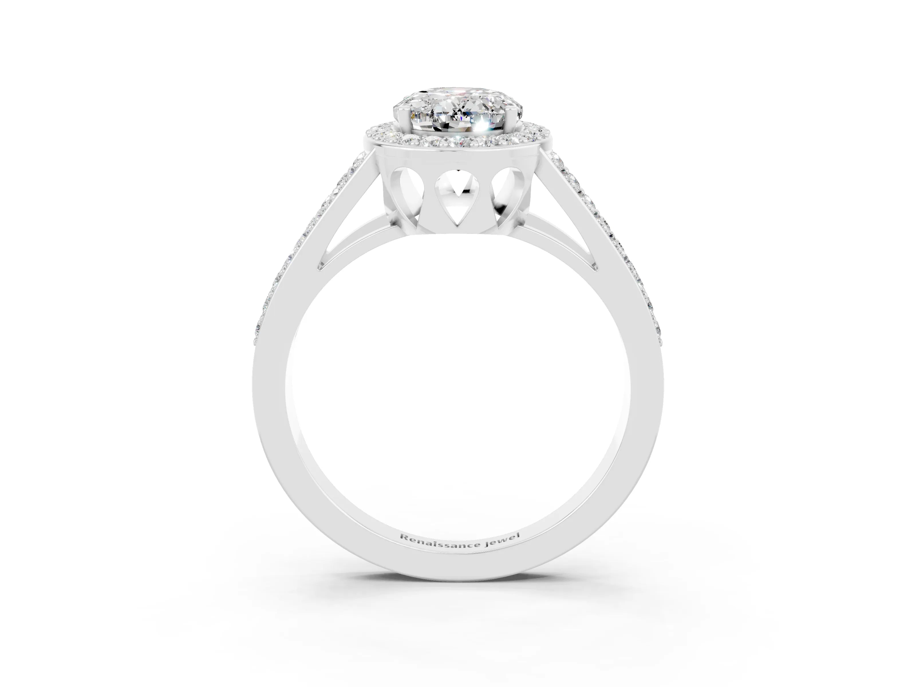White gold Oval Cut Moissanite Halo Ring with Split Shank U-Prong Band and Four-Prong Setting_3