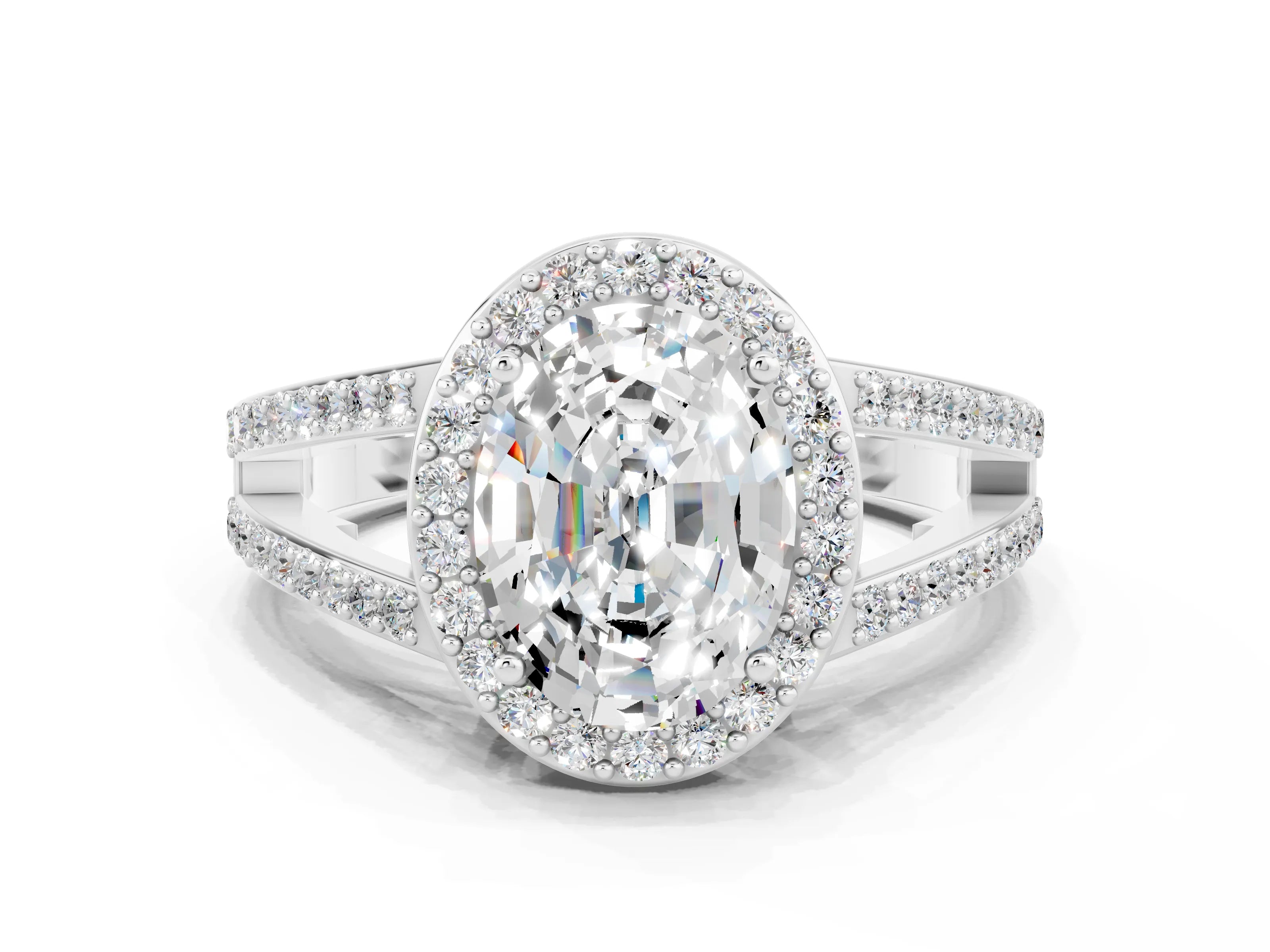 White gold Oval Cut Moissanite Halo Ring with Split Shank U-Prong Band and Four-Prong Setting