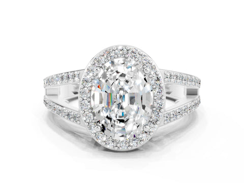 White gold Oval Cut Moissanite Halo Ring with Split Shank U-Prong Band and Four-Prong Setting