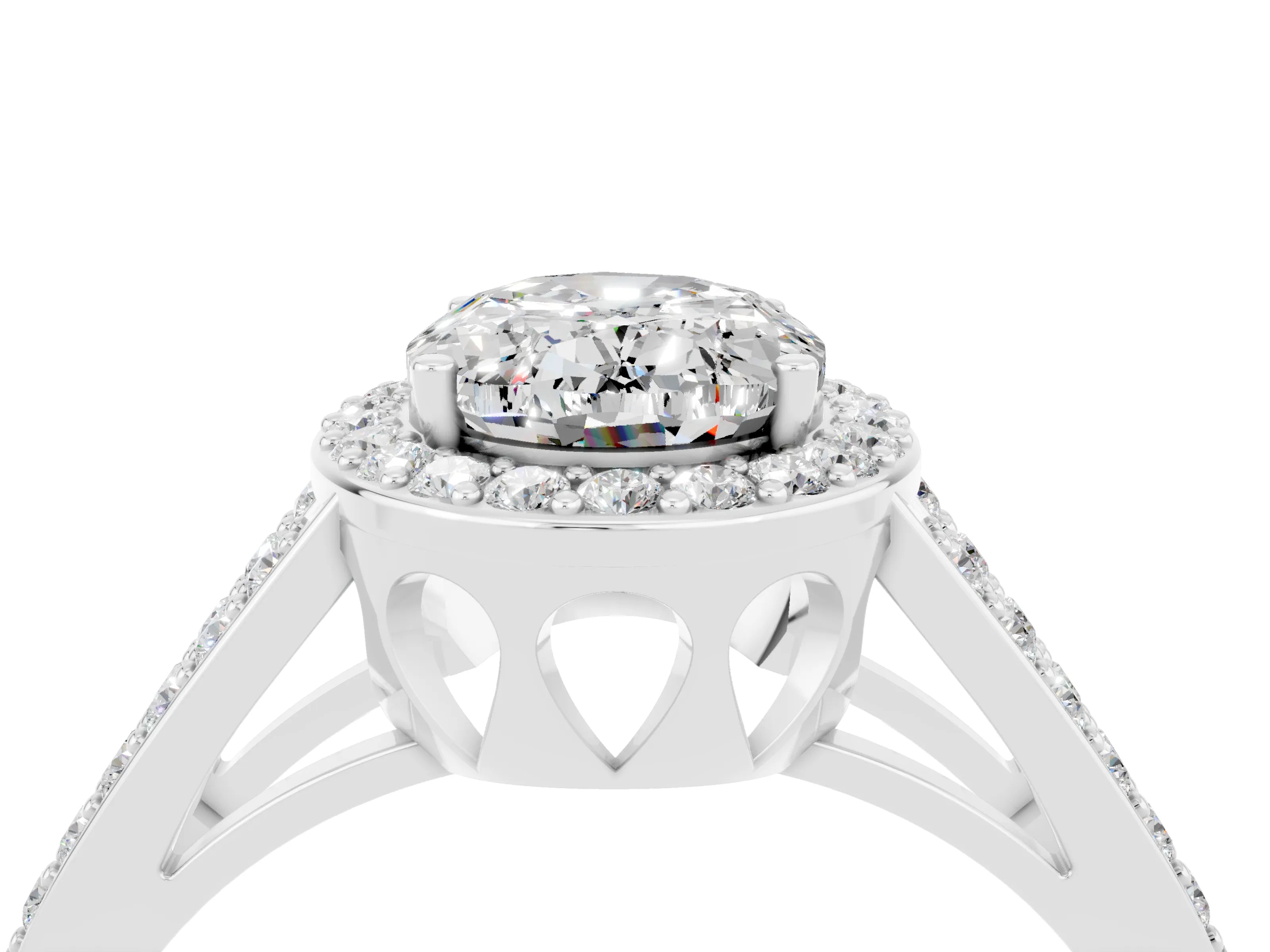 White gold Oval Cut Moissanite Halo Ring with Split Shank U-Prong Band and Four-Prong Setting_4