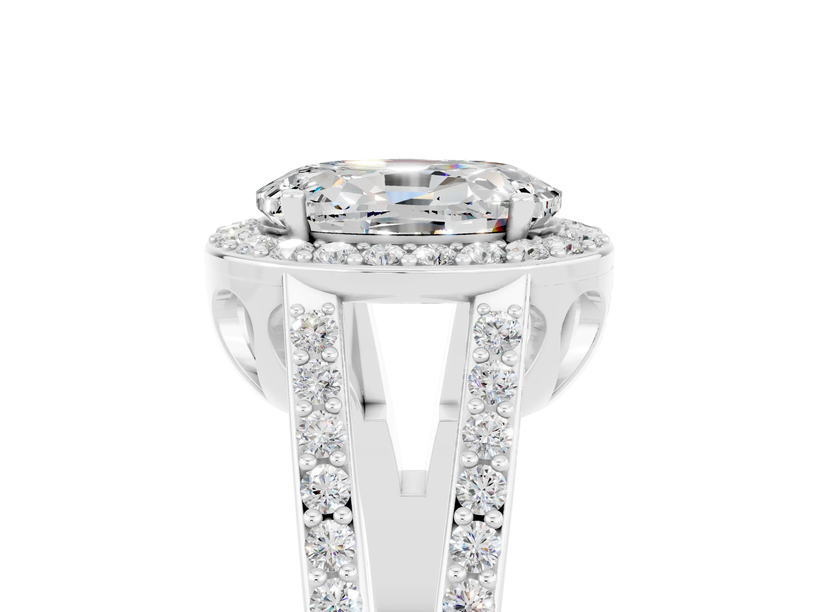 White gold Oval Cut Moissanite Halo Ring with Split Shank U-Prong Band and Four-Prong Setting_5