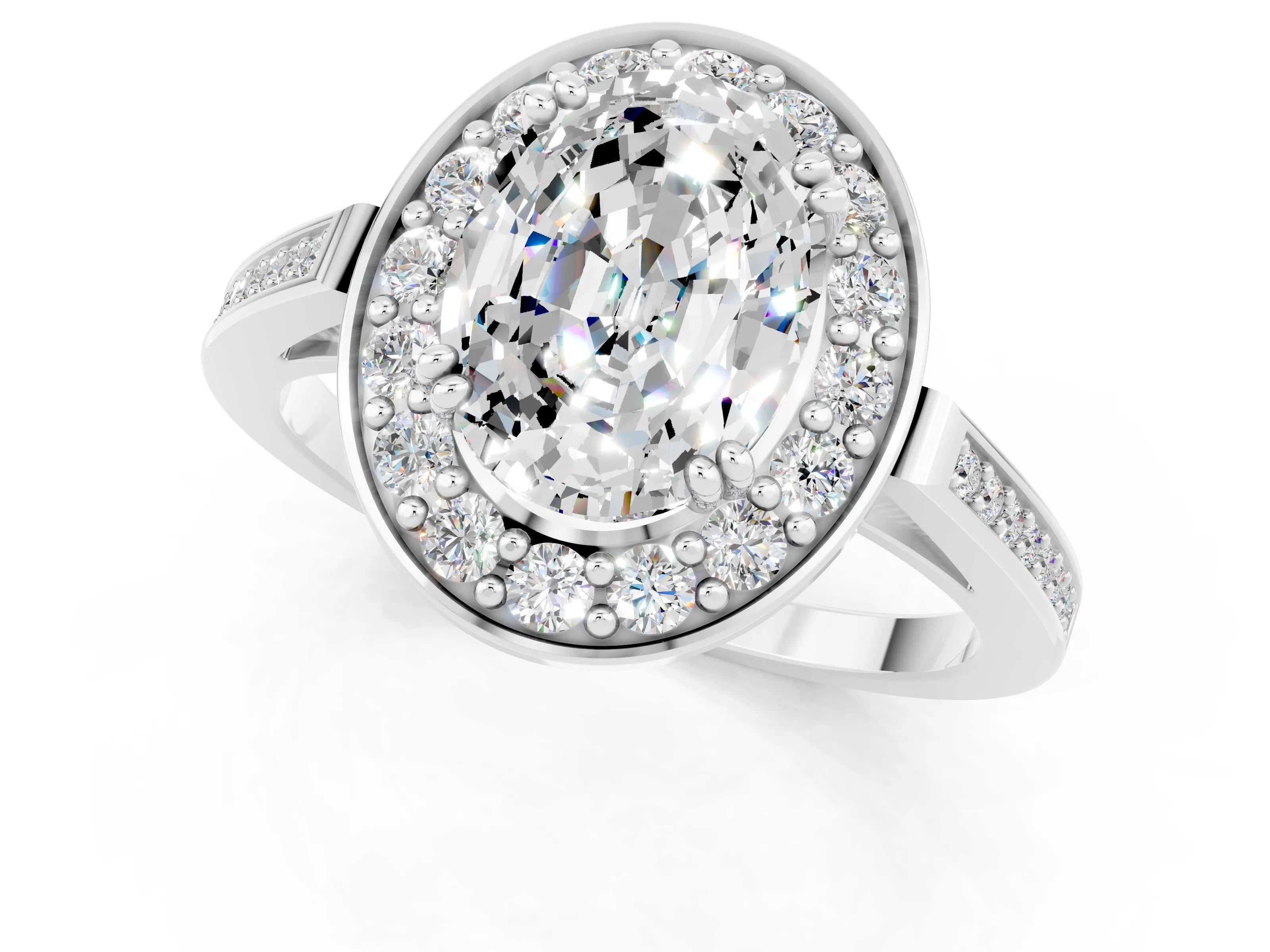 White gold Oval Cut Moissanite Halo Ring with Split Shank and Four-Prong Setting_1