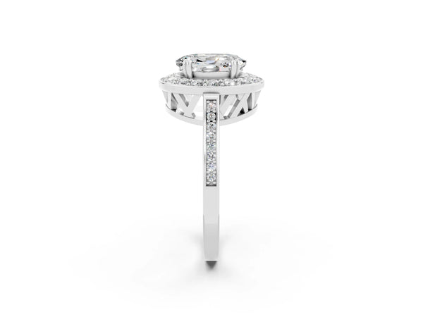Platinum Oval Cut Moissanite Halo Ring with Split Shank and Four-Prong Setting