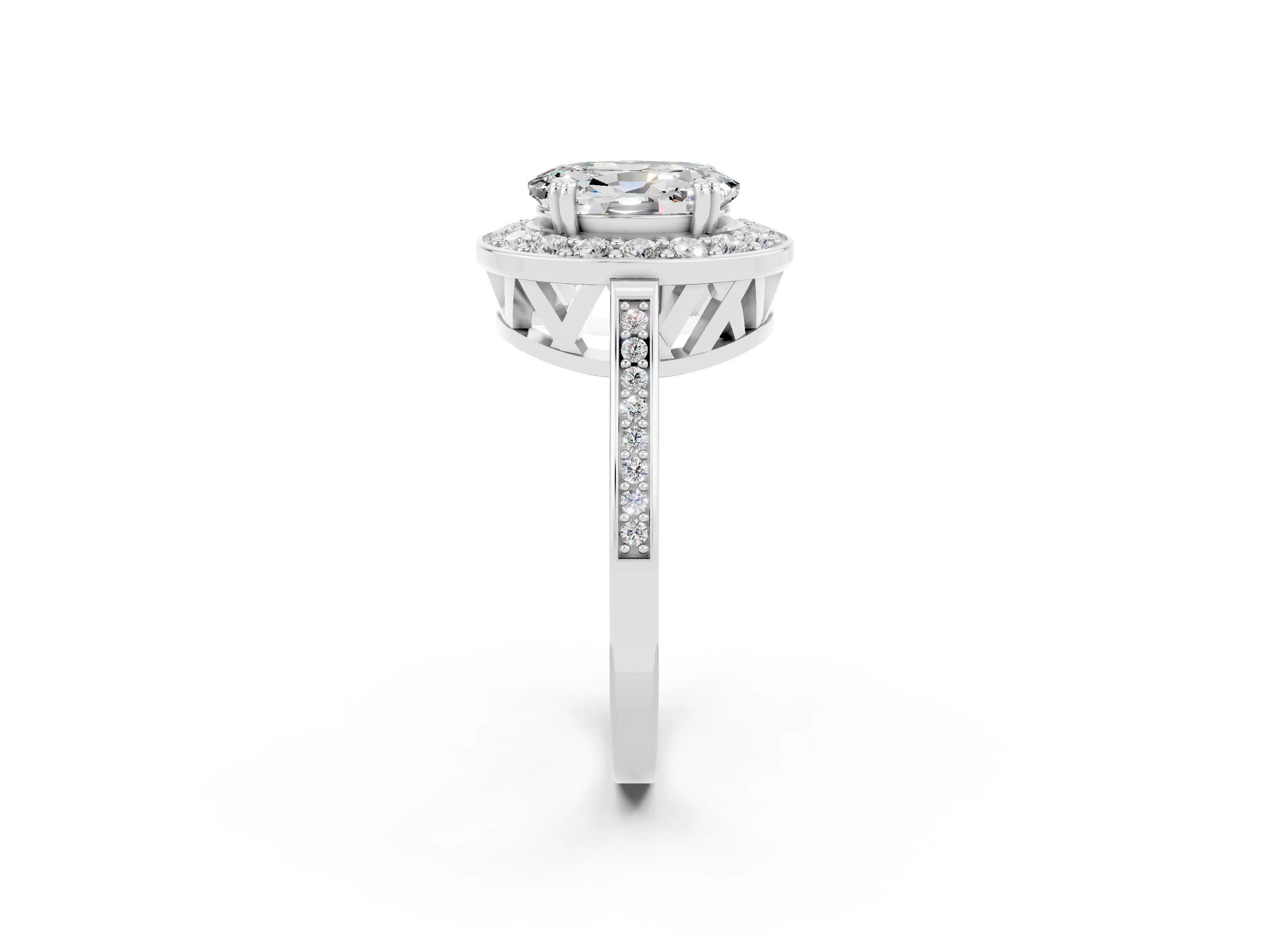 White gold Oval Cut Moissanite Halo Ring with Split Shank and Four-Prong Setting_2