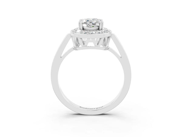 Platinum Oval Cut Moissanite Halo Ring with Split Shank and Four-Prong Setting