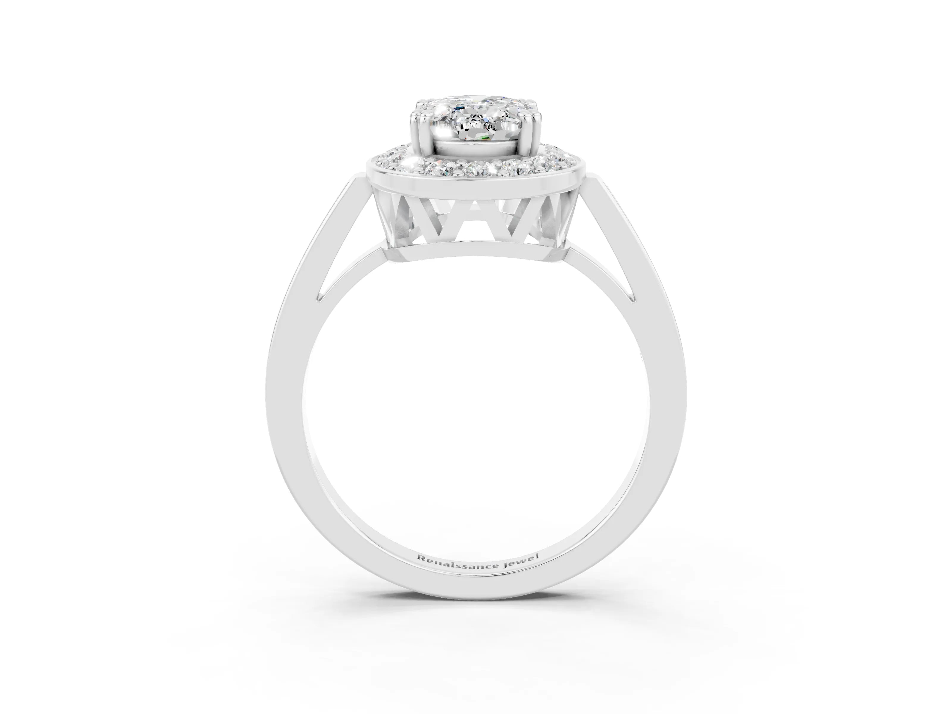 White gold Oval Cut Moissanite Halo Ring with Split Shank and Four-Prong Setting_3