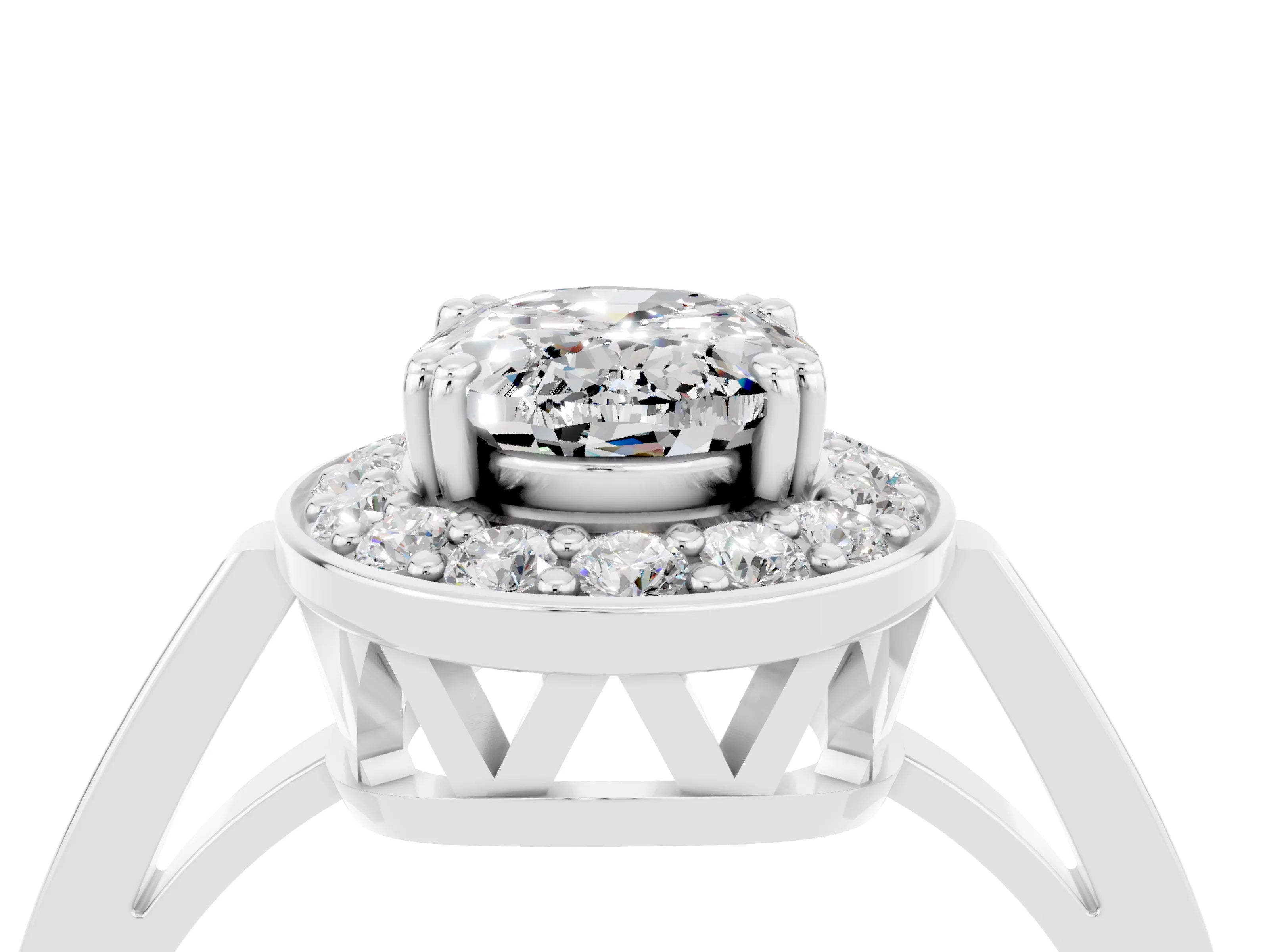 White gold Oval Cut Moissanite Halo Ring with Split Shank and Four-Prong Setting_4