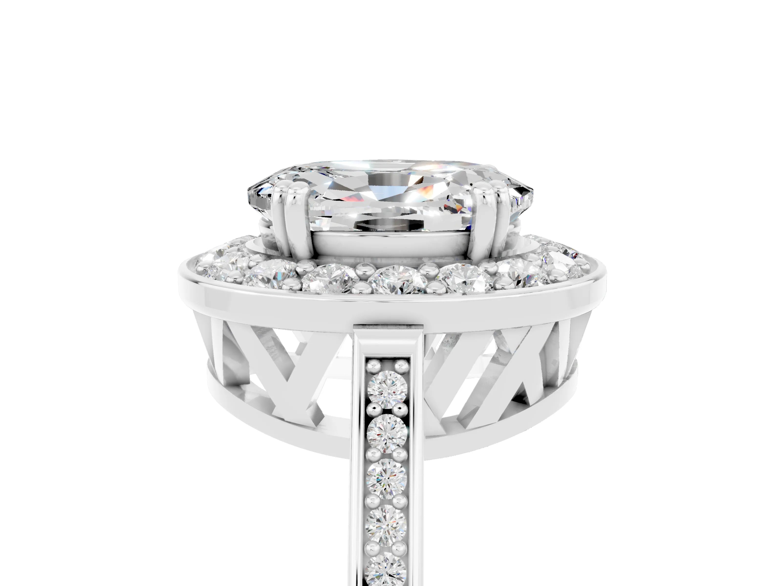 White gold Oval Cut Moissanite Halo Ring with Split Shank and Four-Prong Setting_5