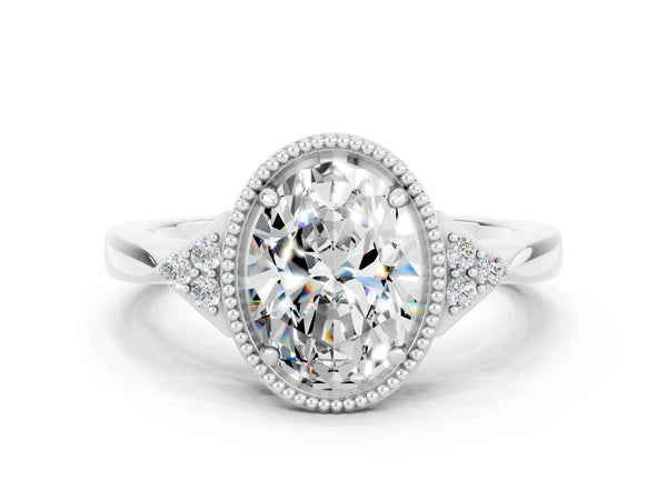 Platinum Oval Cut Moissanite Halo Ring with Tapered Band and Four-Prong Setting
