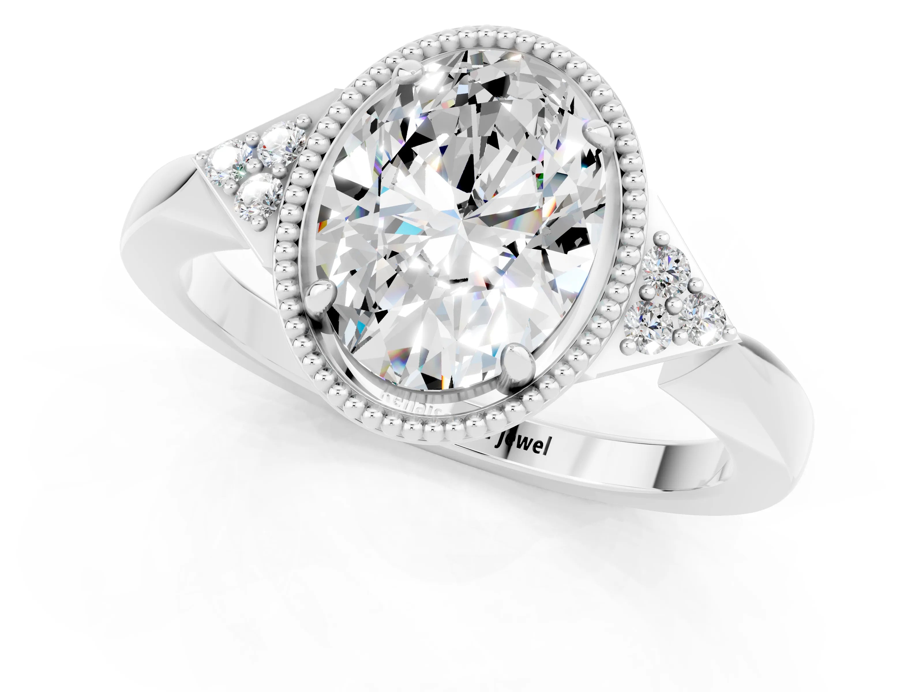 White gold Oval Cut Moissanite Halo Ring with Tapered Band and Four-Prong Setting_1