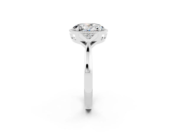 Silver Oval Cut Moissanite Halo Ring with Tapered Band and Four-Prong Setting