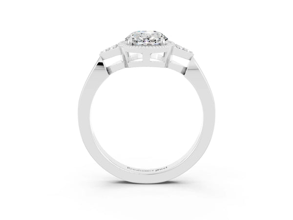 Silver Oval Cut Moissanite Halo Ring with Tapered Band and Four-Prong Setting
