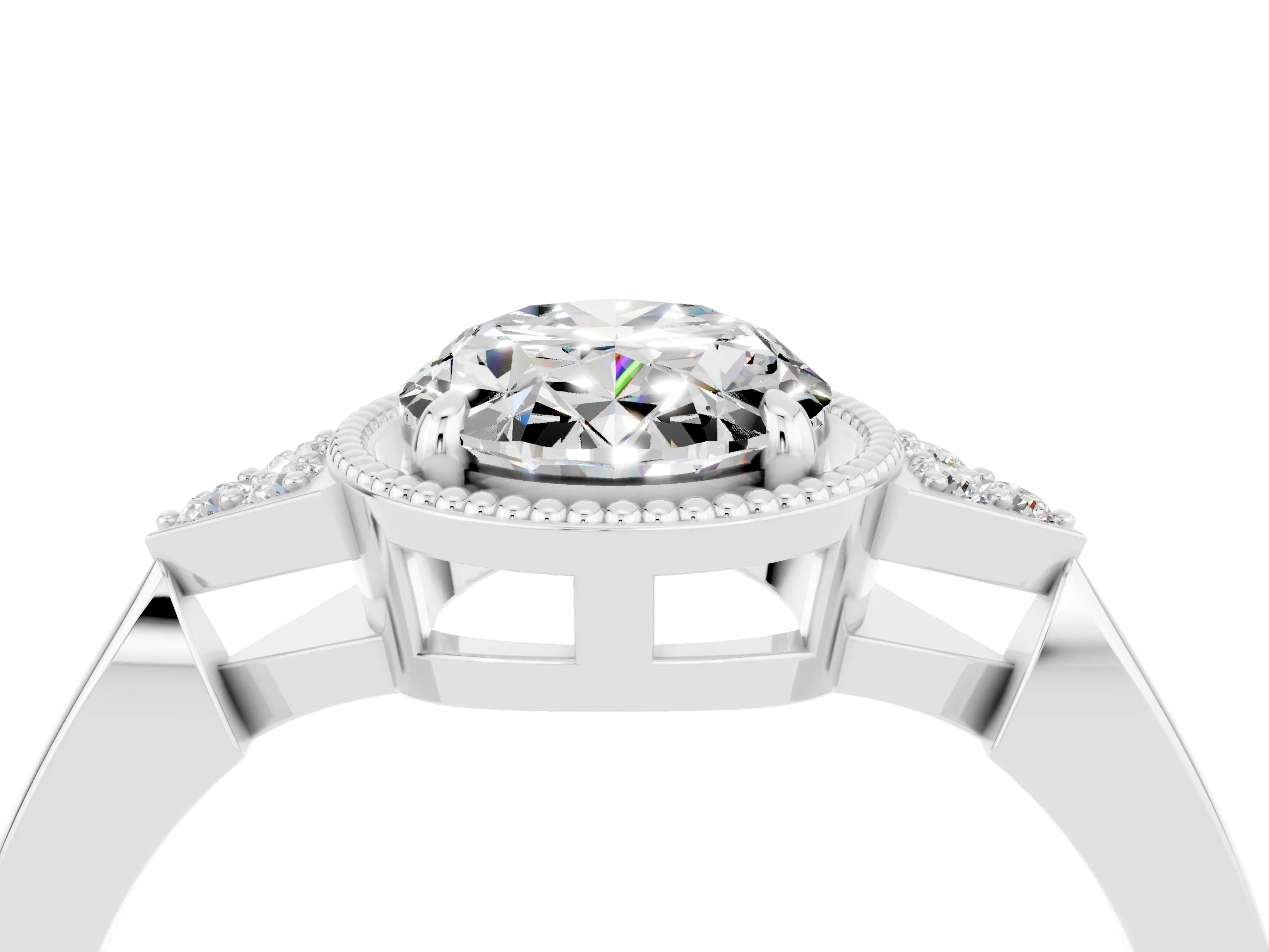 White gold Oval Cut Moissanite Halo Ring with Tapered Band and Four-Prong Setting_4