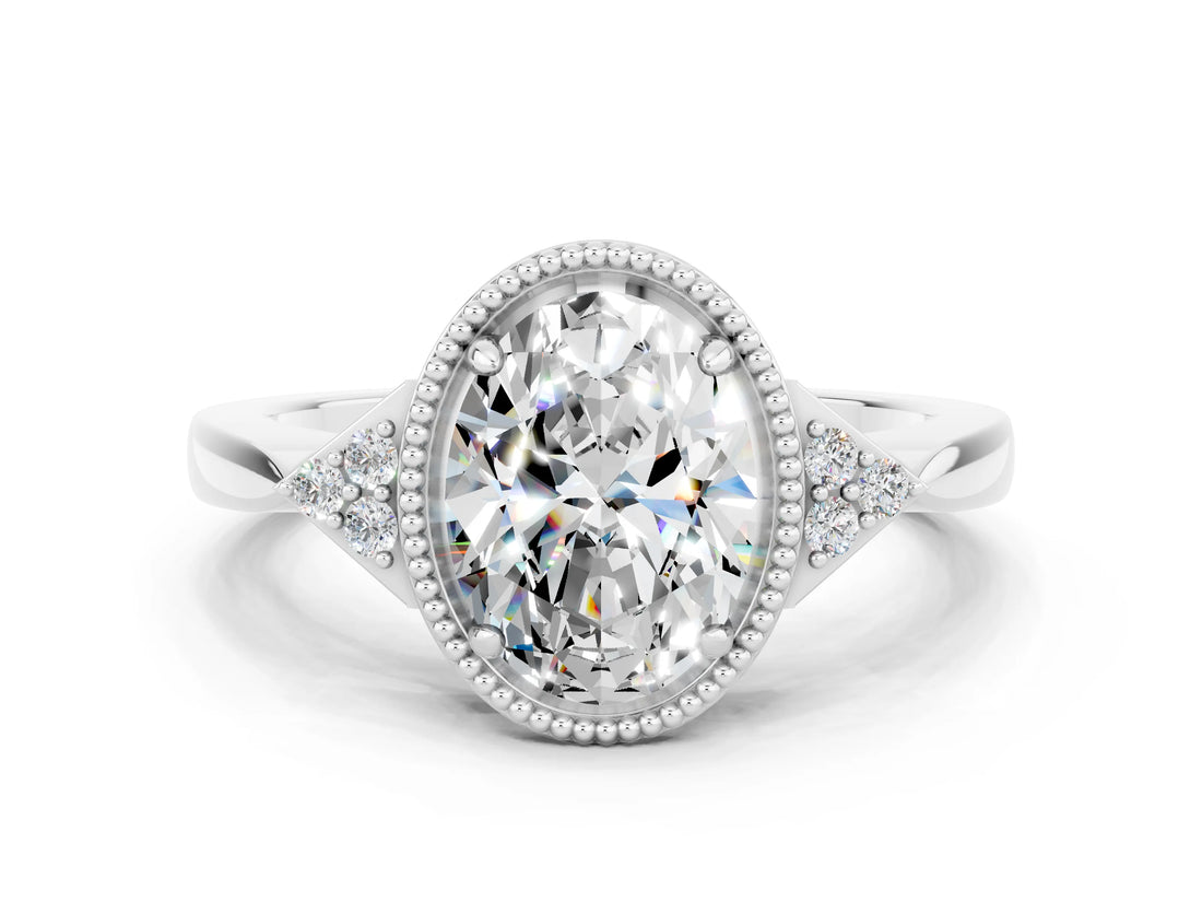 White gold Oval Cut Moissanite Halo Ring with Tapered Band and Four-Prong Setting