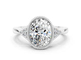 White gold Oval Cut Moissanite Halo Ring with Tapered Band and Four-Prong Setting