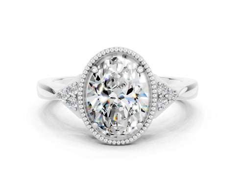 White gold Oval Cut Moissanite Halo Ring with Tapered Band and Four-Prong Setting