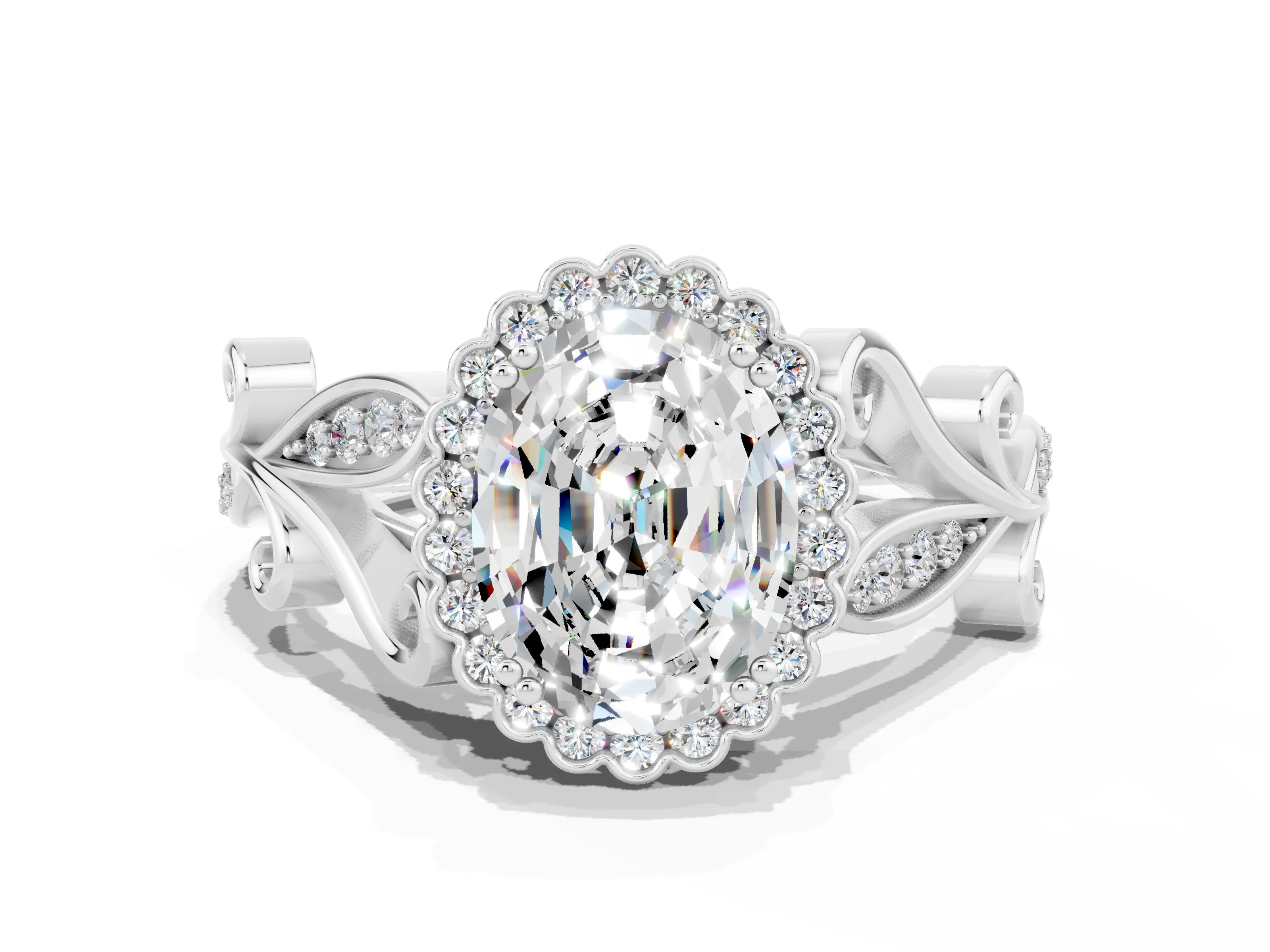 White gold Oval Cut Moissanite Halo Ring with Vintage Split Shank and Four-Prong Setting_42