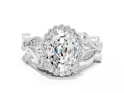 White gold Oval Cut Moissanite Halo Ring with Vintage Split Shank and Four-Prong Setting_42