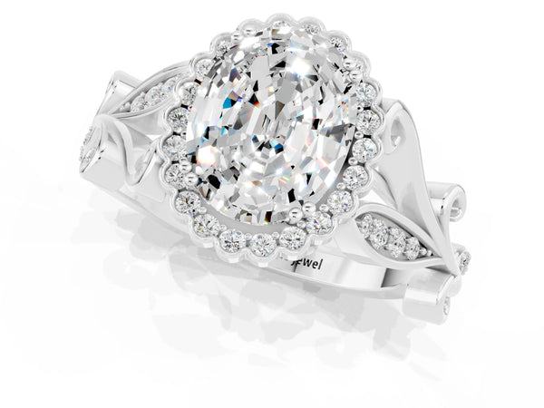 White gold Oval Cut Moissanite Halo Ring with Vintage Split Shank and Four-Prong Setting