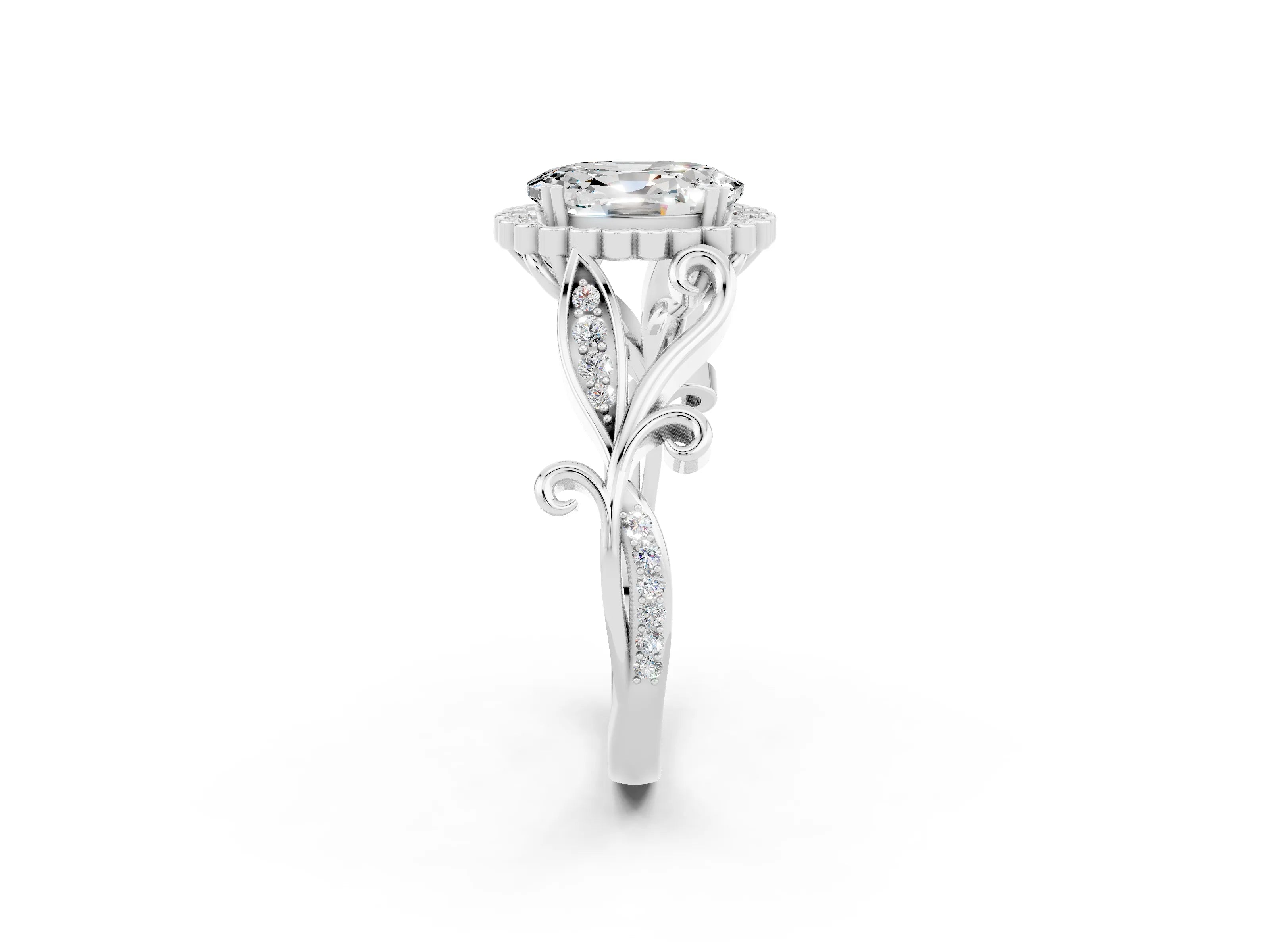 White gold Oval Cut Moissanite Halo Ring with Vintage Split Shank and Four-Prong Setting_44