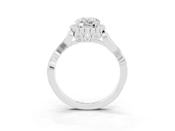 White gold Oval Cut Moissanite Halo Ring with Vintage Split Shank and Four-Prong Setting