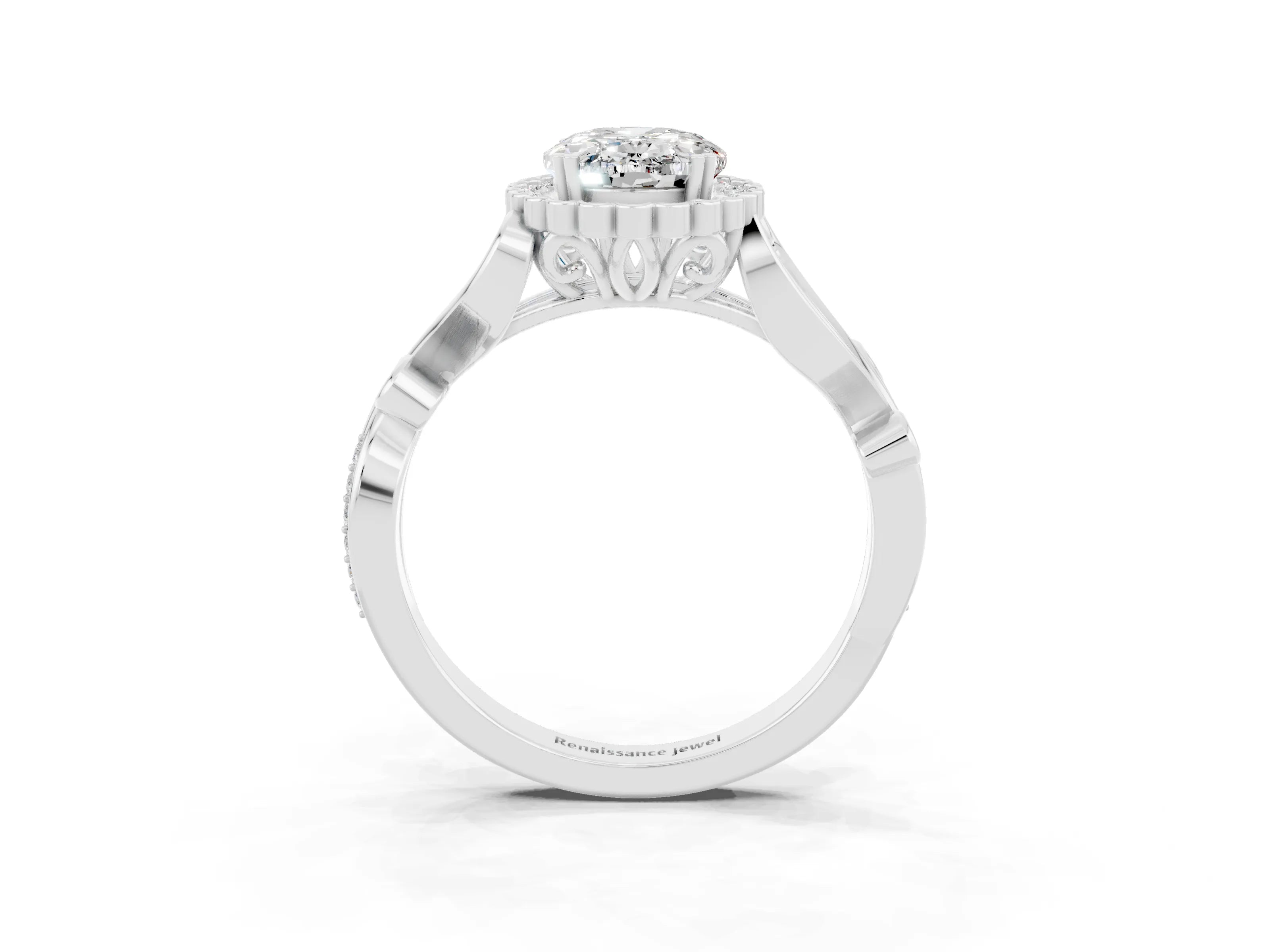 White gold Oval Cut Moissanite Halo Ring with Vintage Split Shank and Four-Prong Setting_45