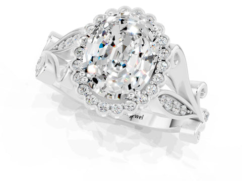 White gold Oval Cut Moissanite Halo Ring with Vintage Split Shank and Four-Prong Setting_45