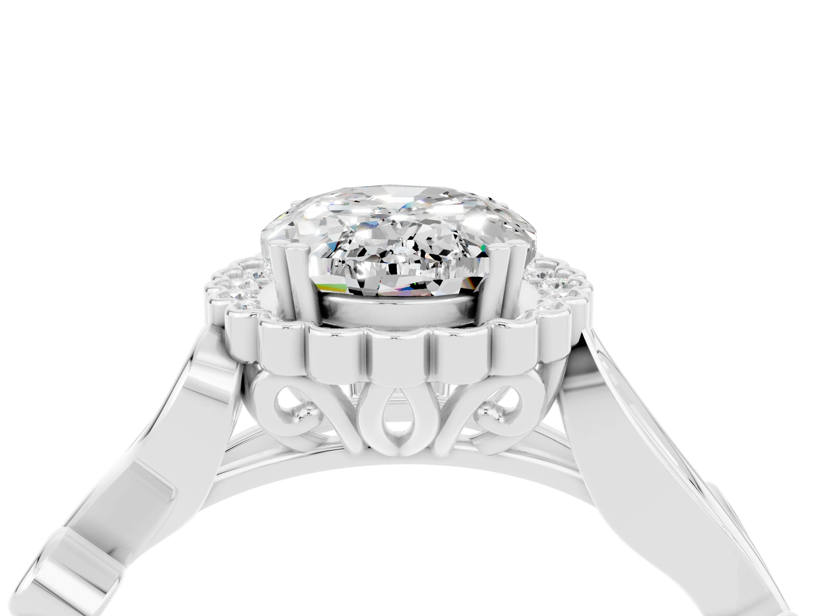White gold Oval Cut Moissanite Halo Ring with Vintage Split Shank and Four-Prong Setting_46