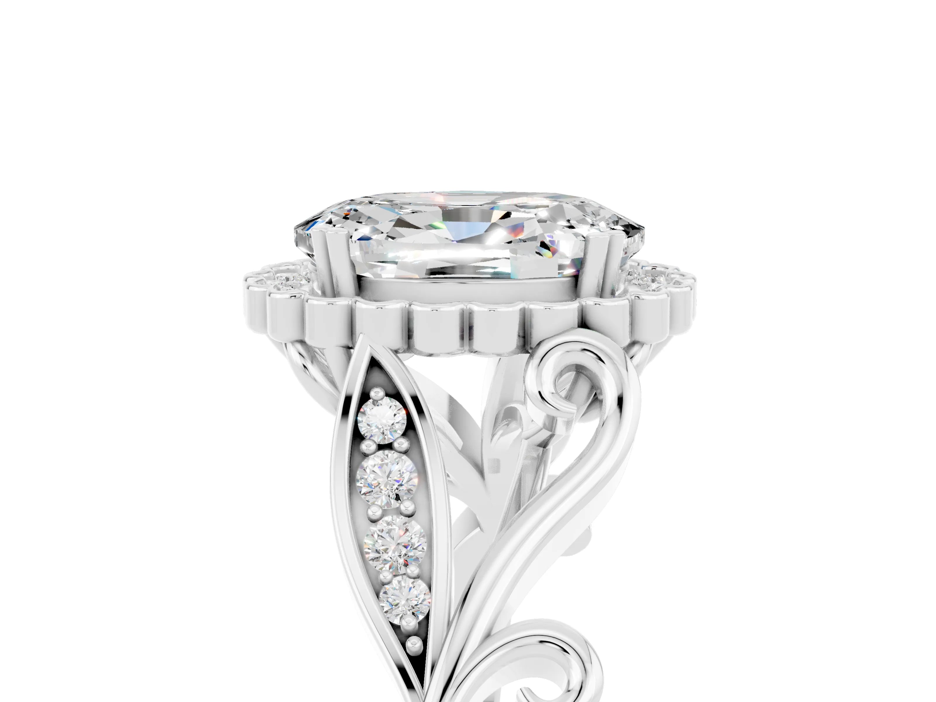 White gold Oval Cut Moissanite Halo Ring with Vintage Split Shank and Four-Prong Setting_47