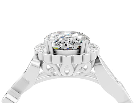 White gold Oval Cut Moissanite Halo Ring with Vintage Split Shank and Four-Prong Setting_48