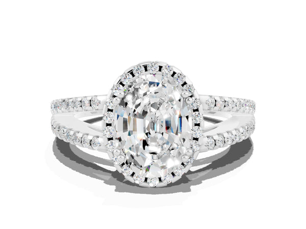 Silver Oval Cut Moissanite Halo Split Shank Engagement Ring