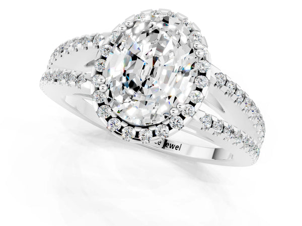 Silver Oval Cut Moissanite Halo Split Shank Engagement Ring