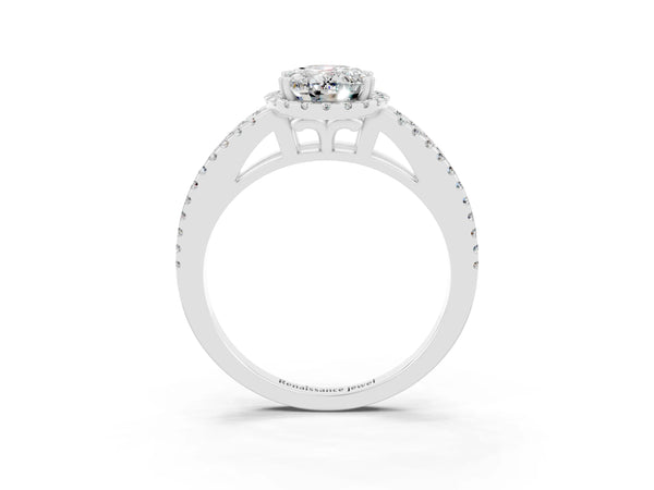 Silver Oval Cut Moissanite Halo Split Shank Engagement Ring