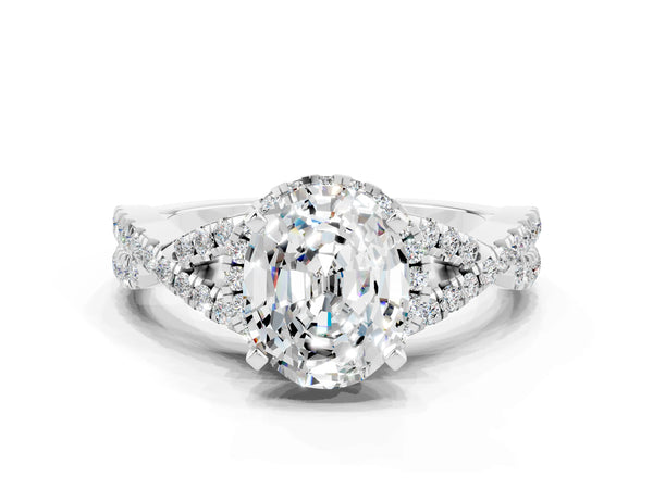 Platinum Oval Cut Moissanite  Halo Twist Band Solitaire Prong Setting Ring