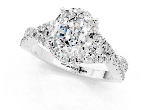 White gold Oval Cut Moissanite Halo Twist Band Solitaire Prong Setting Ring_1