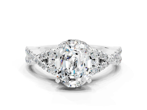 White gold Oval Cut Moissanite Halo Twist Band Solitaire Prong Setting Ring