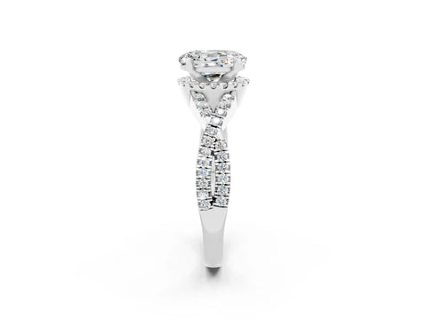 White gold Oval Cut Moissanite Halo Twist Band Solitaire Prong Setting Ring_2