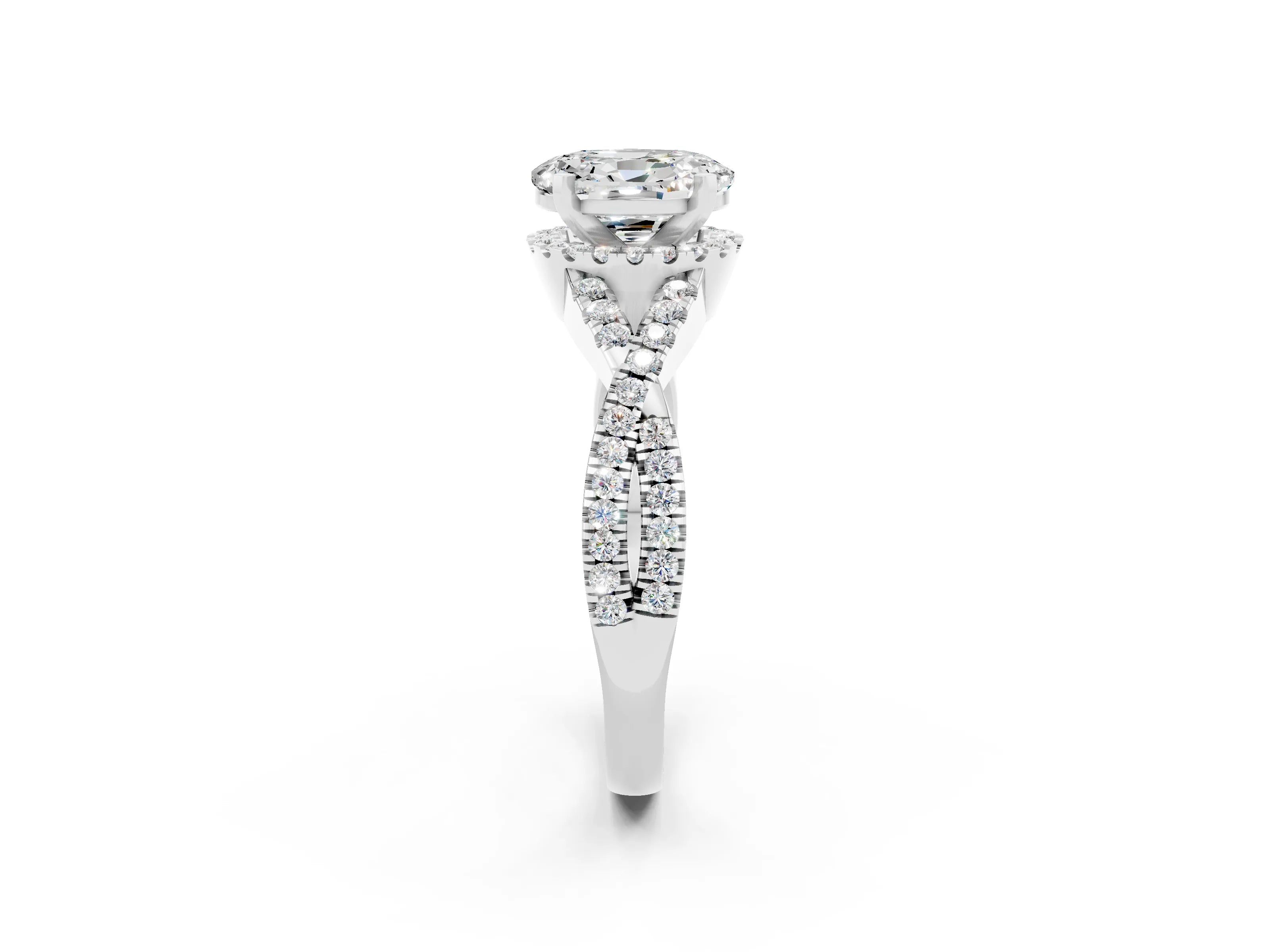 White gold Oval Cut Moissanite Halo Twist Band Solitaire Prong Setting Ring_2