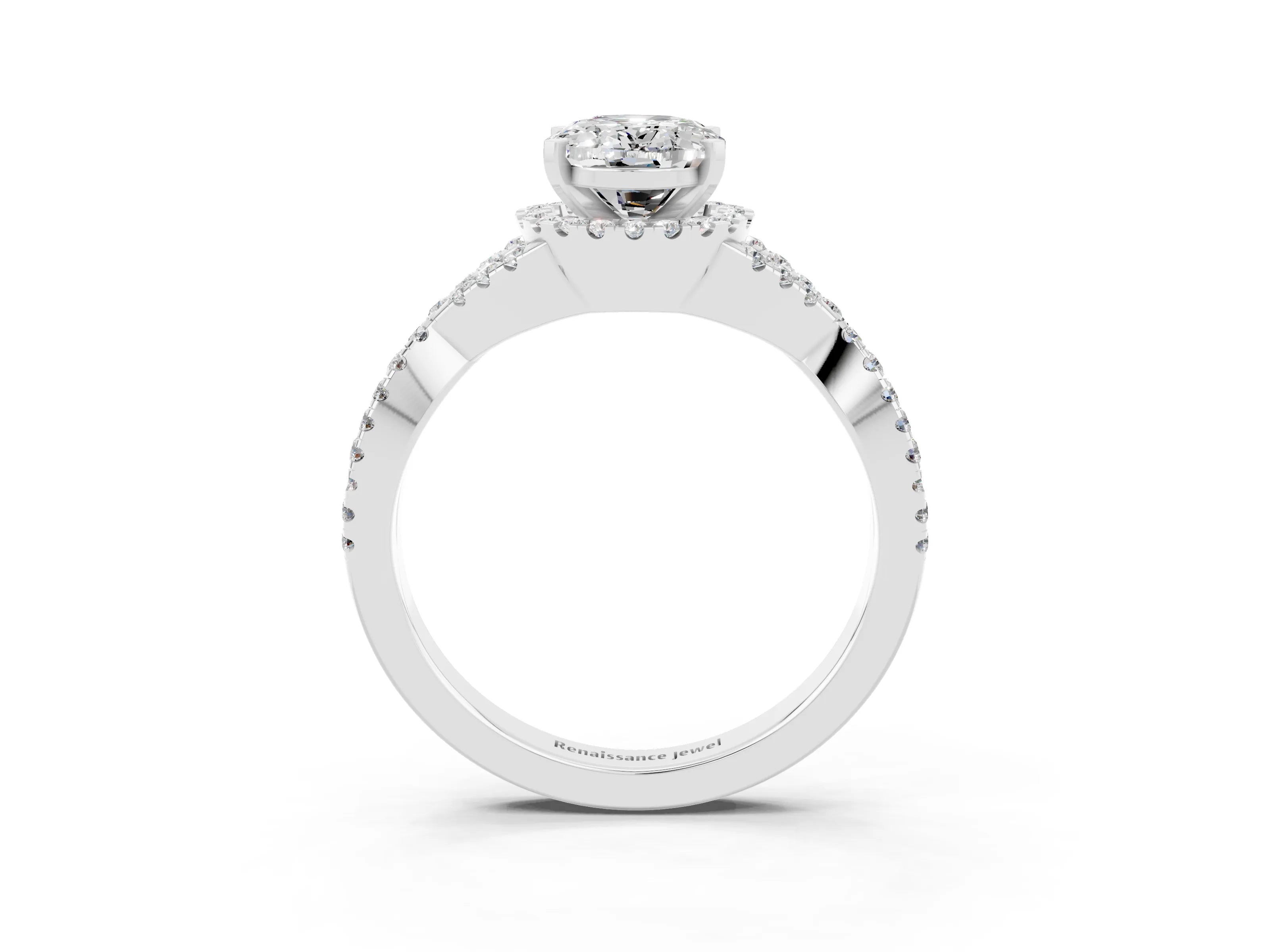 White gold Oval Cut Moissanite Halo Twist Band Solitaire Prong Setting Ring_3