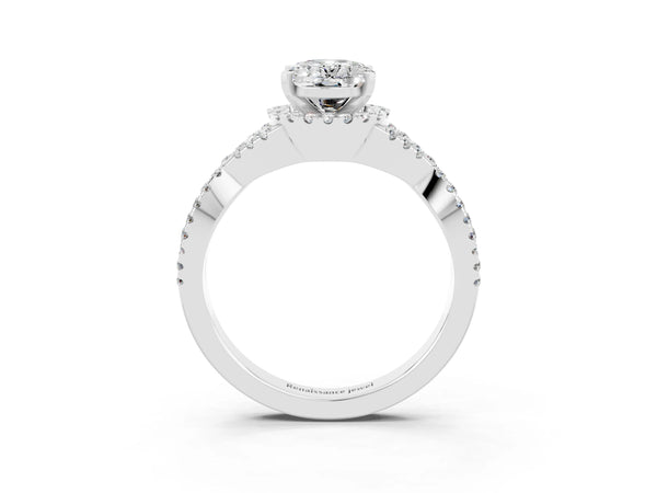 Silver Oval Cut Moissanite  Halo Twist Band Solitaire Prong Setting Ring