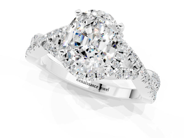 White gold Oval Cut Moissanite  Halo Twist Band Solitaire Prong Setting Ring