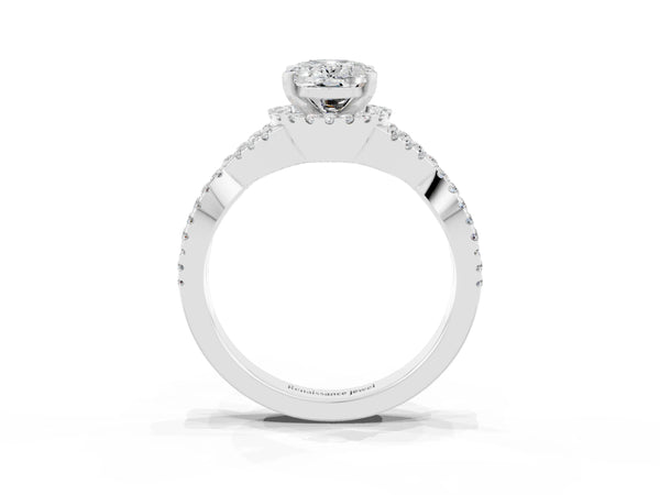 White gold Oval Cut Moissanite  Halo Twist Band Solitaire Prong Setting Ring