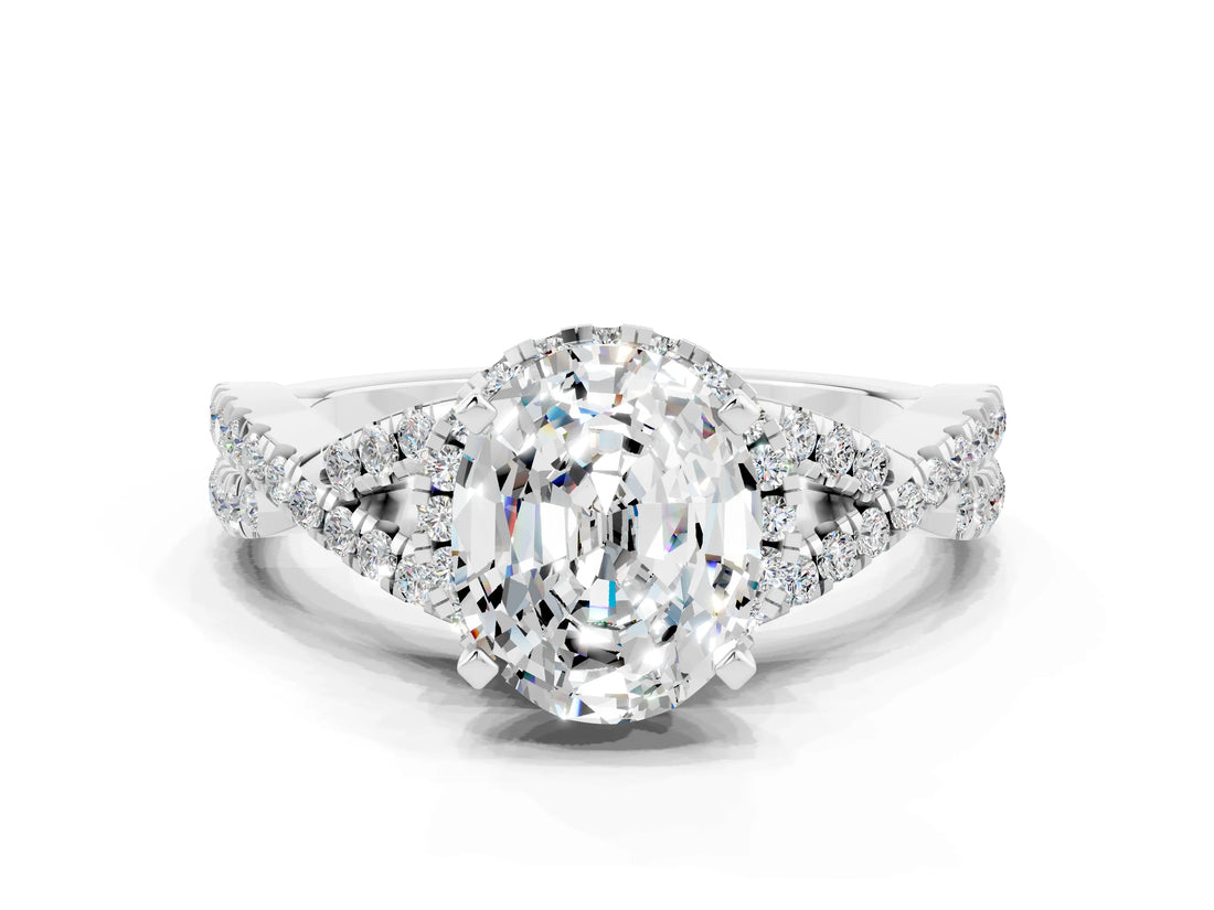 White gold Oval Cut Moissanite Halo Twist Band Solitaire Prong Setting Ring