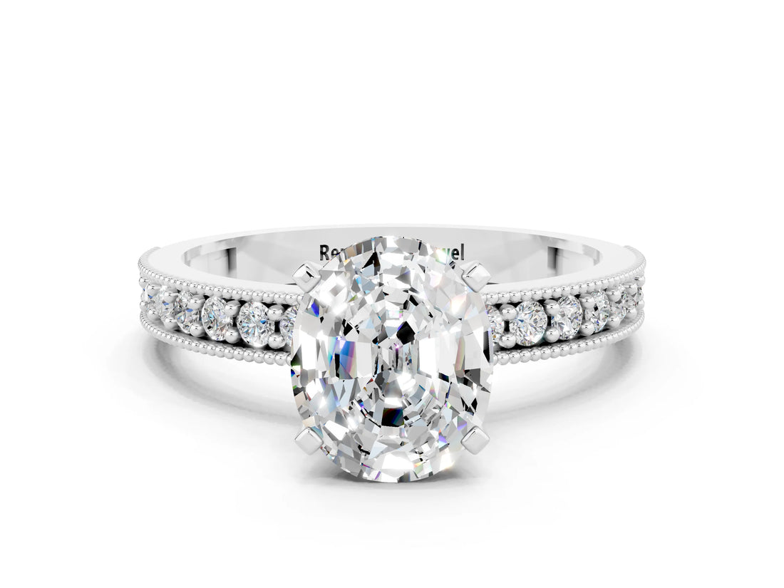 White gold Oval Cut Moissanite Milgrain Pavé Engagement Ring with Four-Prong Setting_12