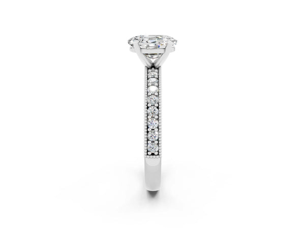 Platinum Oval Cut Moissanite Milgrain Pavé Engagement Ring with Four-Prong Setting